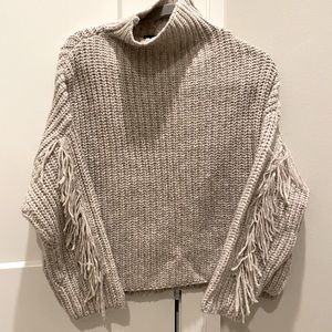 Express cowl neck sweater with fringe cropped sleeves